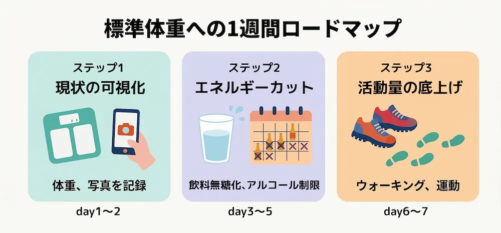 標準体重への1週間ロードマップ:現状の可視化→エネルギーカット→活動量の底上げ