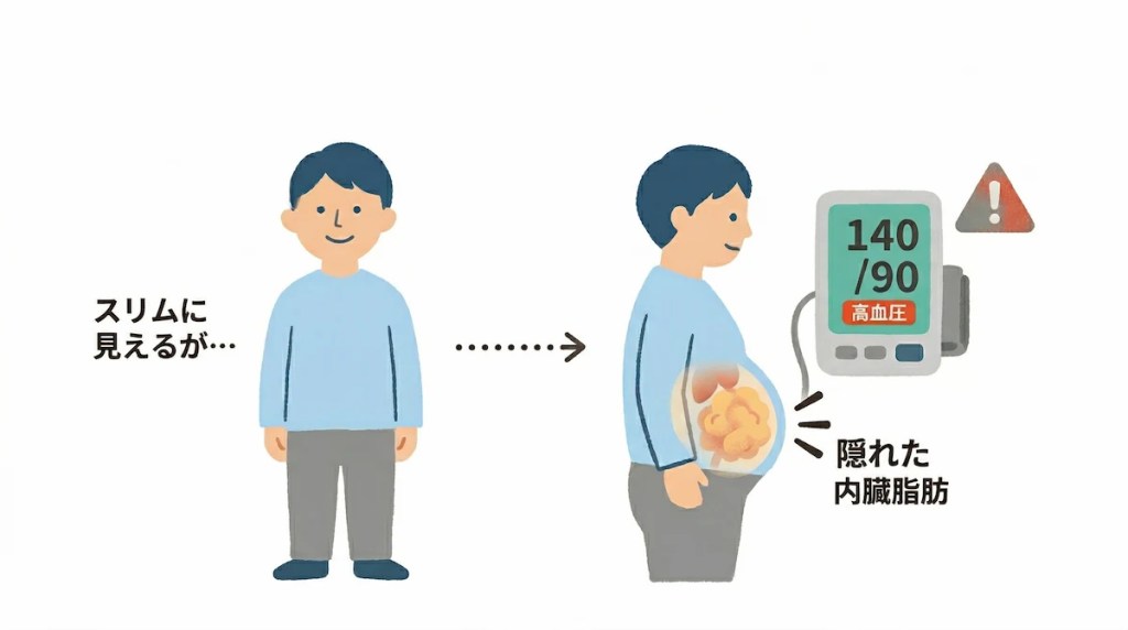 スリムに見えるが、隠れた内臓脂肪が