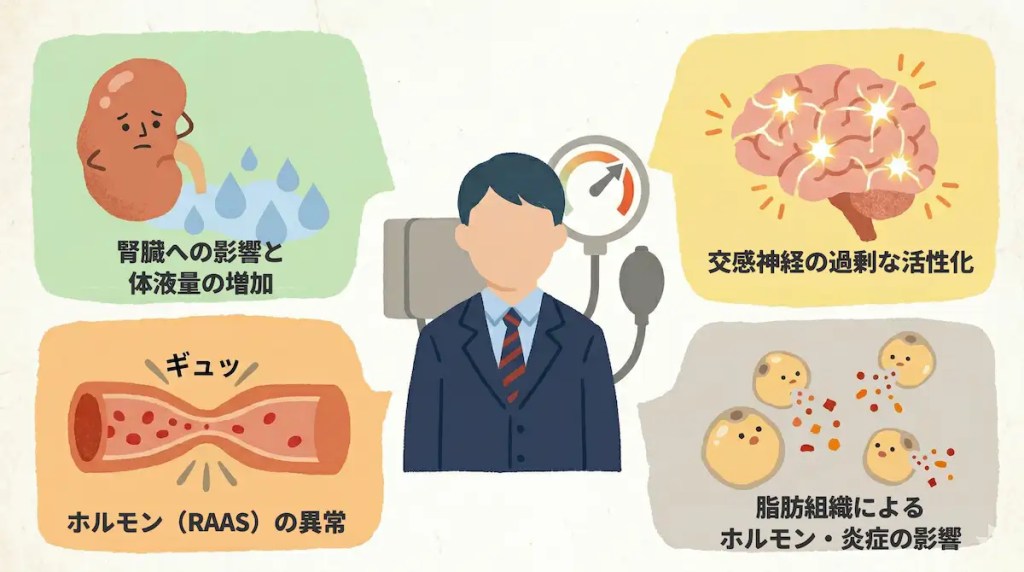 腎臓への影響と体液量の増加、交換神経の過剰な活性化、ホルモン(RAAS)の異常、脂肪組織によるホルモン・炎症の影響