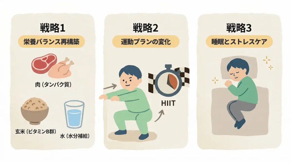 戦略1:栄養バランス再構築、戦略2:運動プランの変化、戦略3:睡眠とストレスケア
