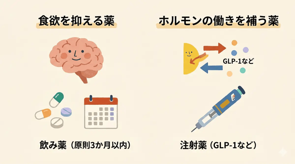 主な肥満症治療薬の種類を説明するイラスト