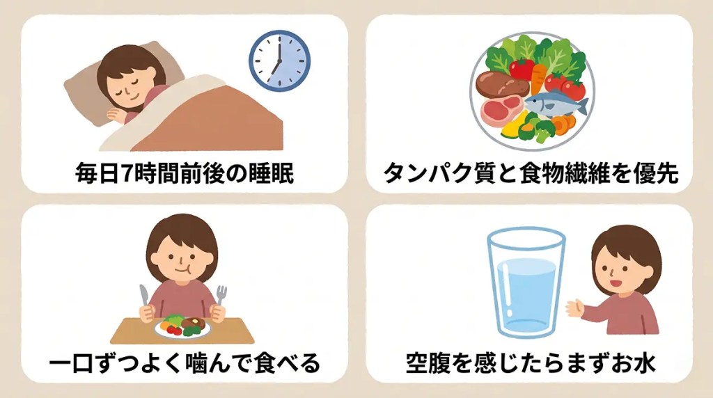 薬に頼らず食欲を抑える4つのセルフケアの説明図