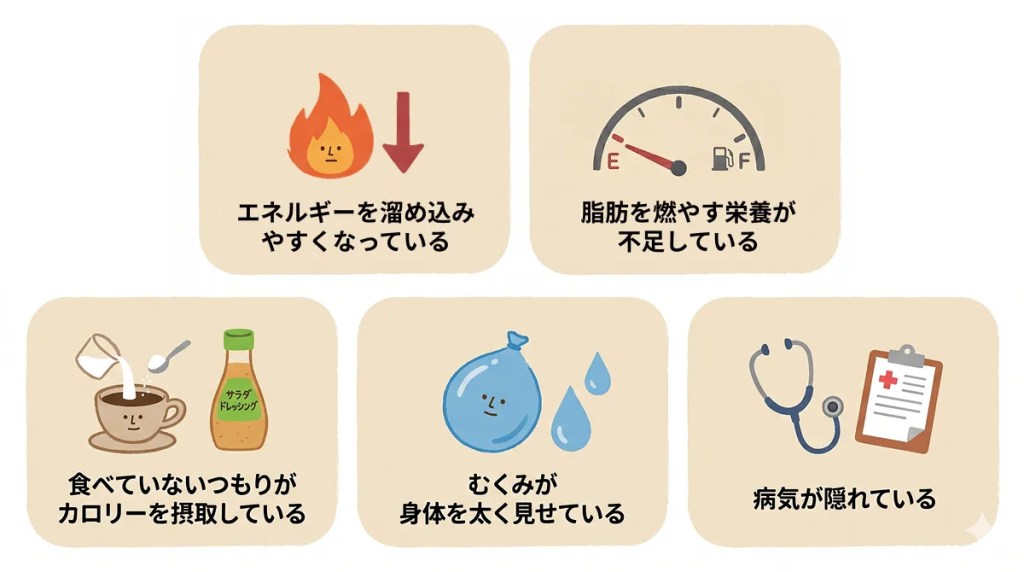 エネルギー溜めこみ、栄養不足、食べていないつもり、むくみ、病気