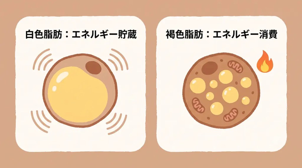 白色脂肪細胞と褐色脂肪細胞の特徴を示す図