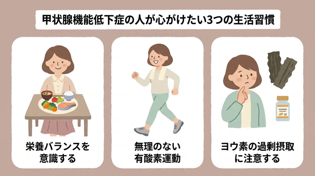 甲状腺機能低下症の人が心がけたい生活習慣の説明図